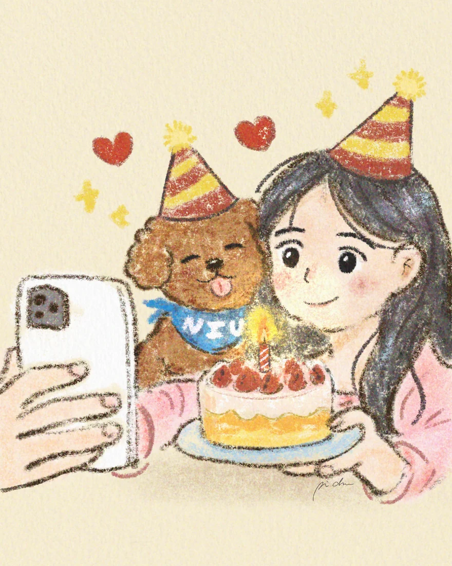 手繪插畫：戴著派對帽的我和我的狗狗妞妞，捧著生日蛋糕一起自拍