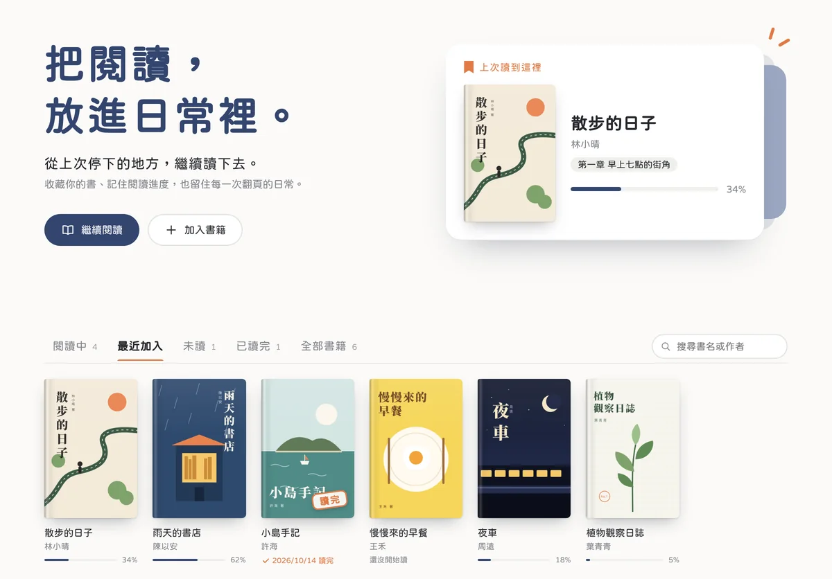 讀日子的實際畫面：上次讀到這裡與最近加入的書